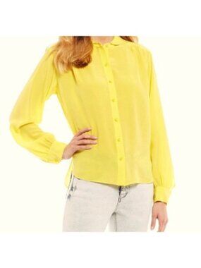 A Loves A Button Down 100% Silk Blouse Sz L Long Sleeve Yellow Pleated Back